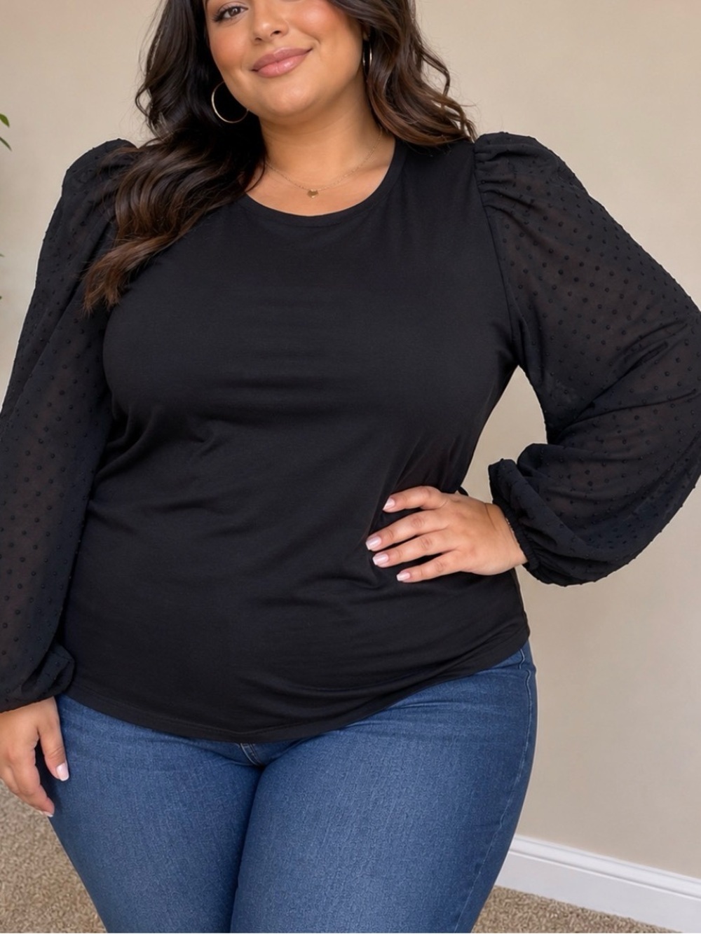 Maurices Black Puff Sleeve Dot Blouse round neckline lightweight SZ XL Career